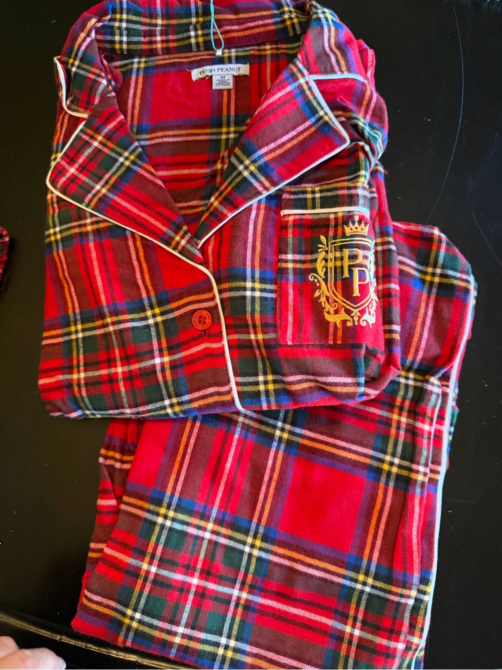 Posh Peanut Red Plaid Women’s Pajama Set with Crest Embroidery